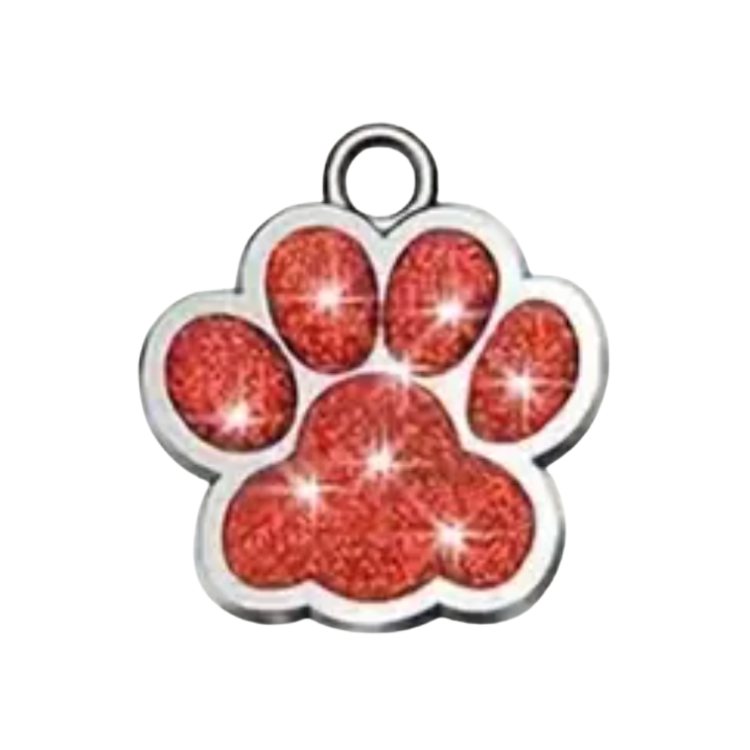 Red paw print charm with a silver border on a white background