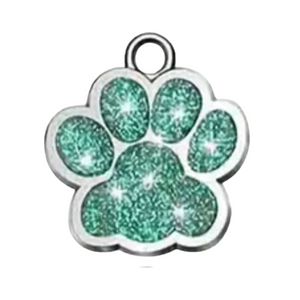 Paw print charm with green glittery center and silver border on a white background