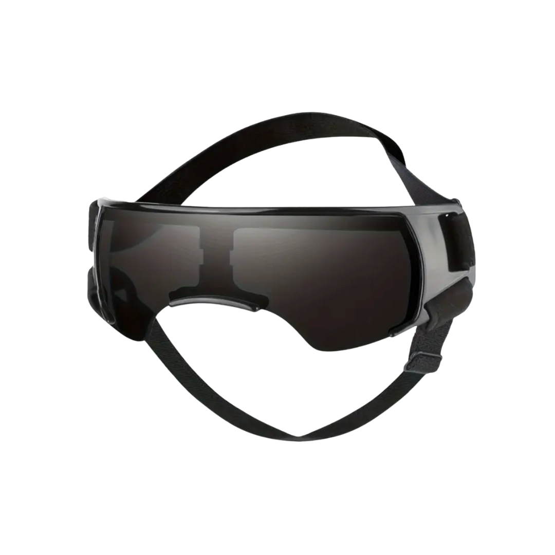 Black goggles with a strap on a white background