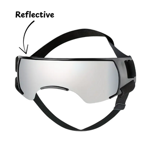 Reflective goggles with black straps on a white background
