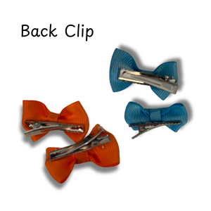 Three colorful hair bow clips on a white background with 'Back Clip' text.