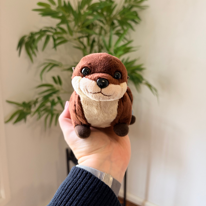 A small plush otter toy being held in a person's hand, with a blurred indoor plant and light wall in the background.