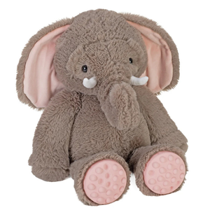 Plush elephant toy with pink popit feet on a white background