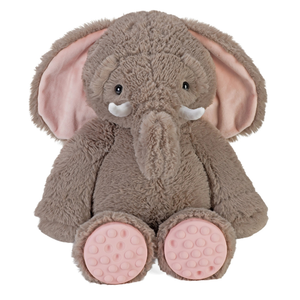 Plush elephant toy with pink pop it feet on a white background