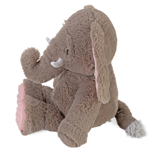 Plush elephant toy with pink pop it feet on a white background