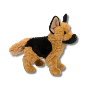 Plush toy resembling a German Shepherd dog on a white background