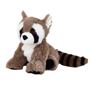 A plush raccoon toy sitting on a plain white background. The stuffed animal is brown with a white chest and face markings, black facial patches and paws, and a brown-and-black striped tail.