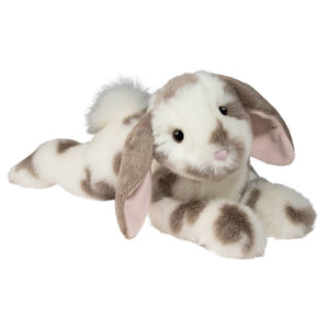 Plush toy rabbit with brown and white fur on a white background