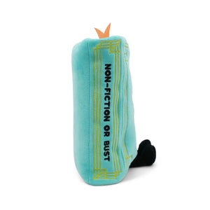 Plush toy shaped like a book with 'Non-Fiction or Bust' text on a white background