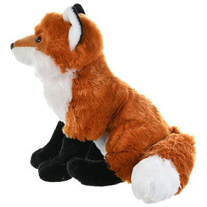 Plush fox toy with black socks on a white background