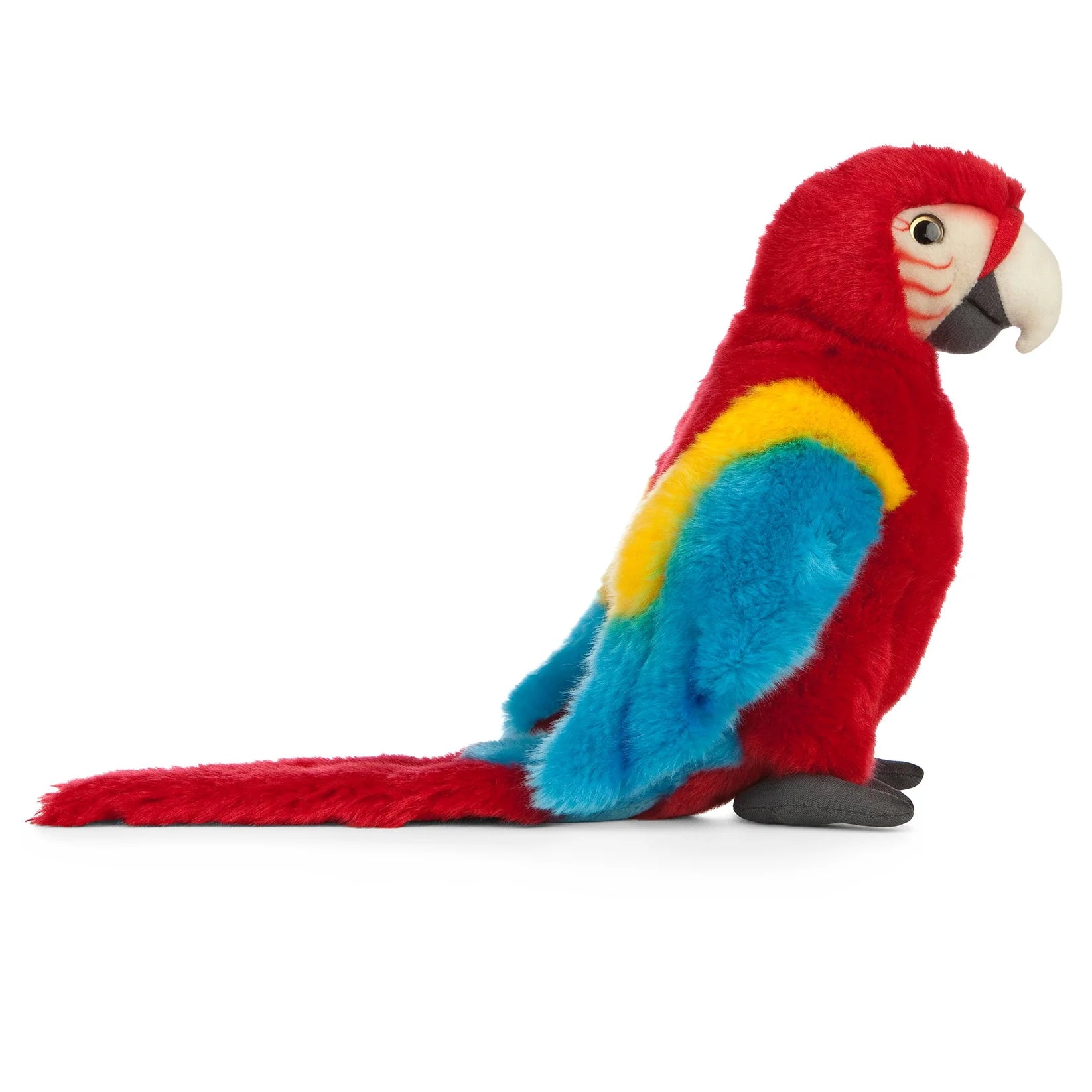 Colorful stuffed parrot toy on a white background