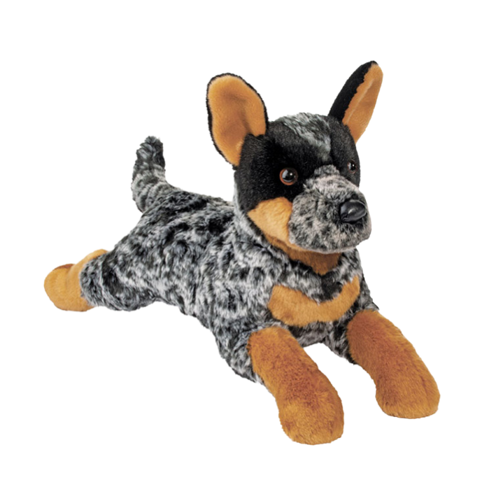 A plush toy dog lying down, styled like a steel blue retriever with a black and gray mottled coat, tan markings on its muzzle, chest, and paws, and upright pointed ears, isolated on a white background.