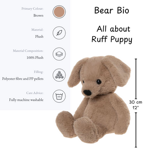 Brown plush dog toy with bio information on a white background