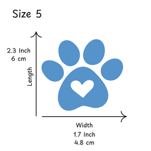 Blue paw print with a heart in the center, labeled as Size 5 with measurements on a white background.