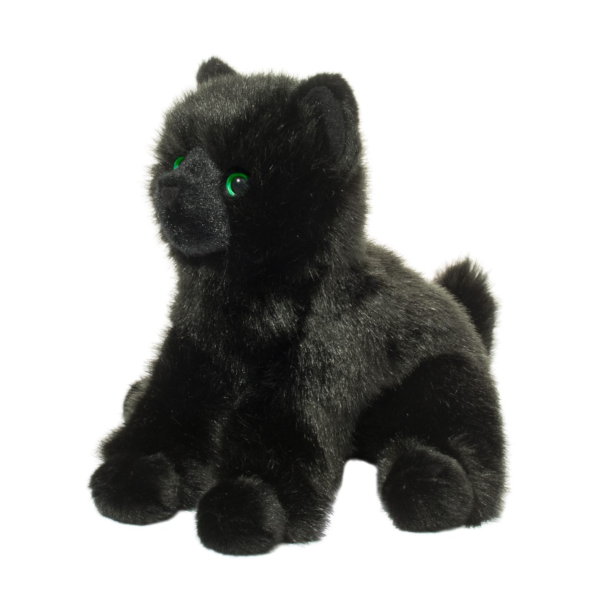 Black plush cat toy on a white background