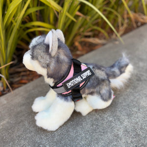 Sasha Husky by Douglas Dog Plush dog side view wearing a pink emotional support vest