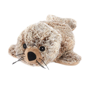 A plush toy seal lying down, made of shaggy brown and beige faux fur with a black nose, black eyes, and black whiskers, on a solid white background.