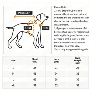 Size chart for dog pyjamas