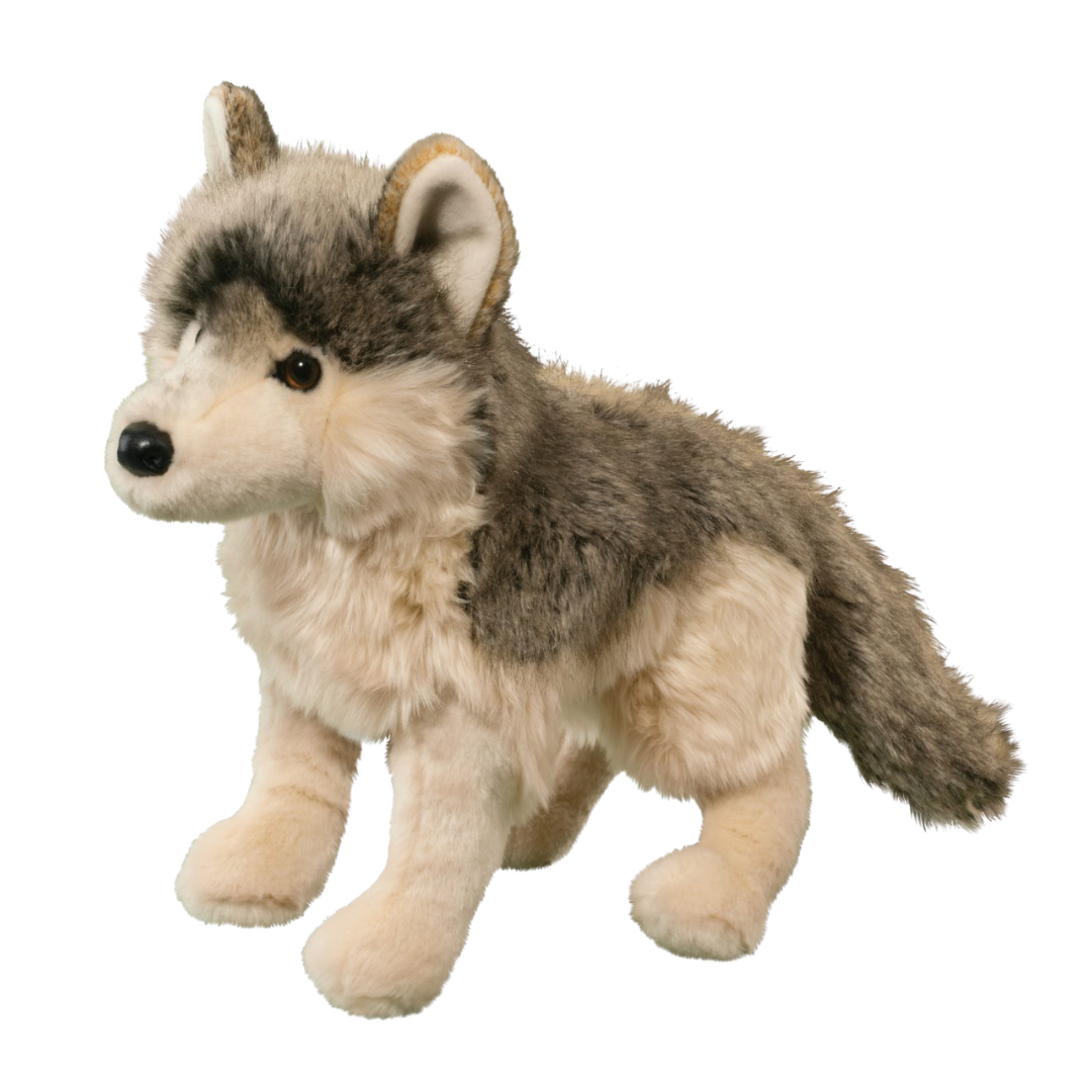 Plush toy wolf on a white background