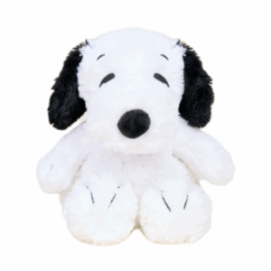 Plush toy resembling a black and white dog on a white background