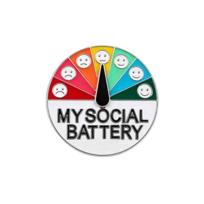 Pin with a colorful battery gauge labeled 'My Social Battery' on a white background