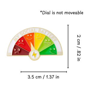 Colorful social battery gauge pin with dimensions on a white background