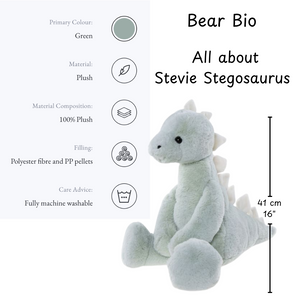 Stuffed Stegosaurus toy with bio information on a white background