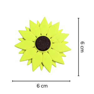 Yellow sunflower-shaped object with dimensions on a white background