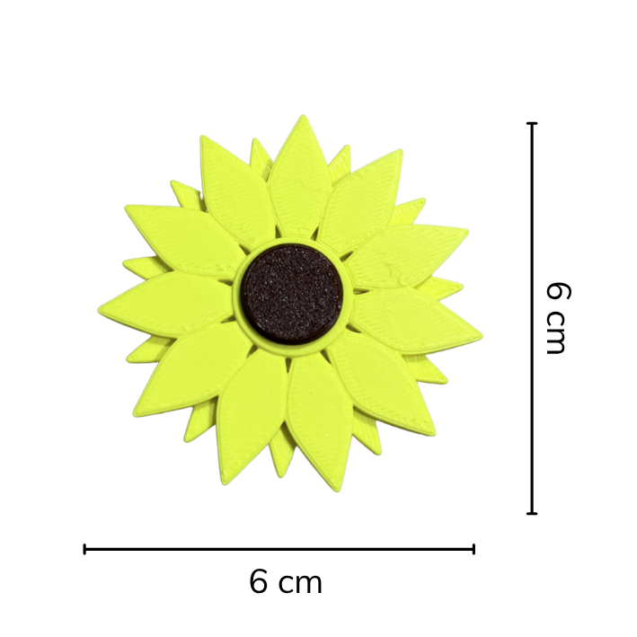 Yellow sunflower-shaped object with dimensions on a white background