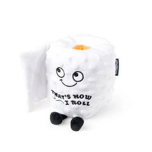 White plush toy with a smiley face and text on a white background