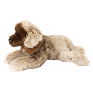 Plush toy dog with brown and beige fur on a white background