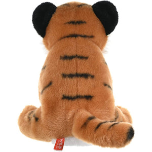 Plush tiger toy with black stripes on a white background