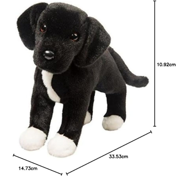 Black and white stuffed dog toy with measurements on a white background