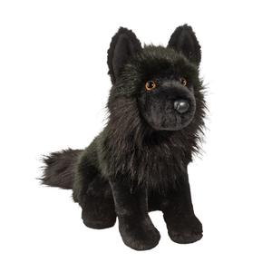 Black plush wolf toy on a white background