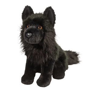 Black plush wolf toy on a white background