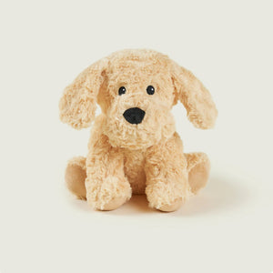 Beige stuffed dog toy on a white background