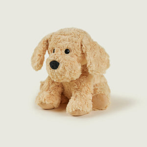 Beige stuffed dog toy on a white background