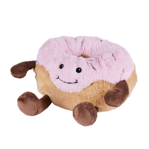 Plush donut toy with pink frosting and a smiling face on a white background