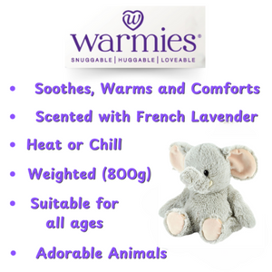 Warmies product with gray elephant plush toy on a white background