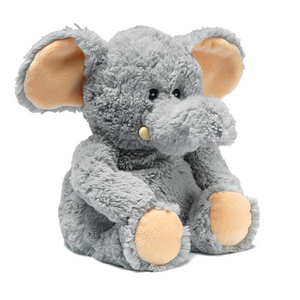 Plush elephant toy with gray body and beige ears and feet on a white background