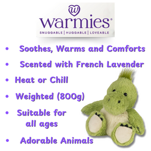 Dinosaur plushie - Warmies brand - weighted, lavender scented heat bag - instructions