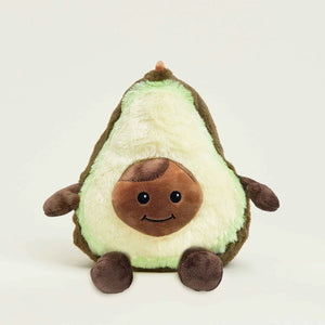 Plush toy avocado with a smiling face on a white background