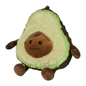 A plush avocado toy with a soft fuzzy texture, featuring a cream-colored flesh interior, dark brown outer skin, a brown seed on the face, and small brown arms and legs, shown against a plain white background.