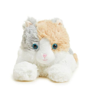 A fluffy stuffed cat toy with a tri-color calico pattern of white, light orange, and light gray, featuring large blue eyes and a small pink stitched nose, posed against a plain white background.