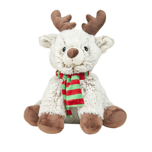 A plush stuffed reindeer toy with brown antlers, brown hooves, and a red and green striped scarf, photographed on a plain white background.