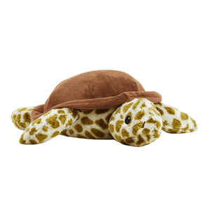 Plush turtle toy with brown shell on a white background