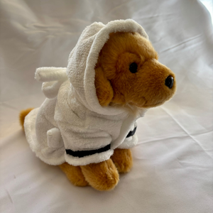 Plush dog wearing White Dressing gown