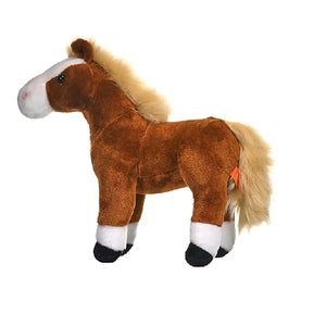 Plush horse toy with brown body, white mane, and black hooves on a white background