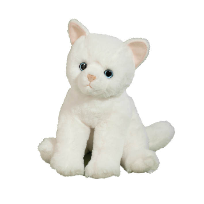 A white plush kitten toy with black eyes, a pink nose, and pink inner ears, sitting against a plain white background.