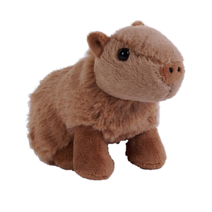 A small plush capybara toy in shades of brown, featuring a soft textured body, dark brown legs, and a black bead eye, isolated on a white background.